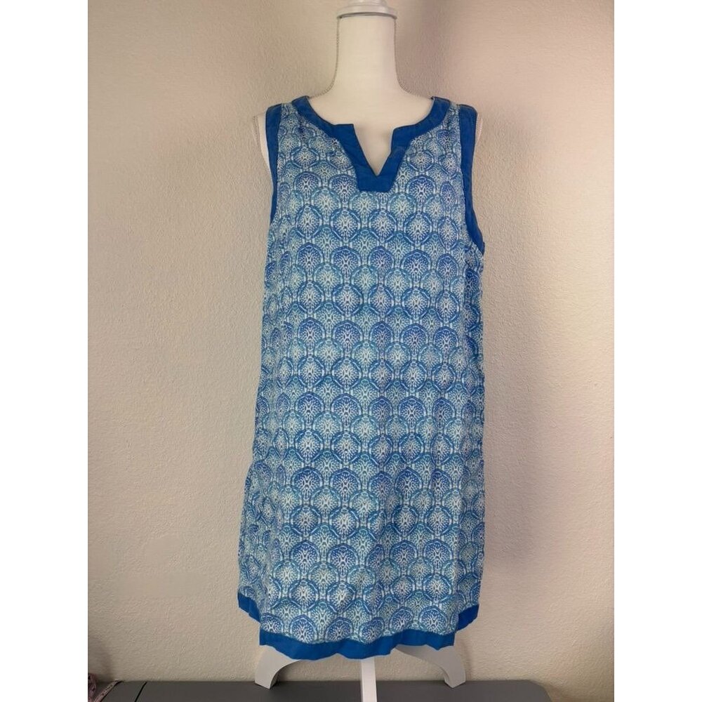 Sigrid Olsen women's medium blue patterned 100% linen shift mini dress casual